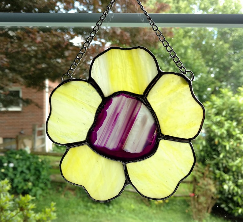 Pansy Stained Glass Flower Suncatcher Summer Decor Yellow and Purple Agate Geode Flower Gardener Gift Garden Decor Violet