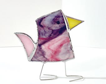 Stained Glass Standing Bird, Funky Glass Bird, Purple and Pink Bird Suncatcher, Windowsill Free Standing Bird