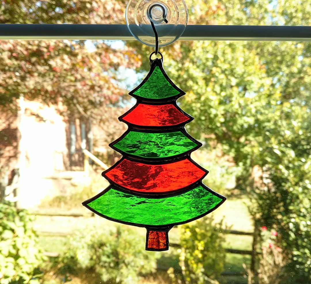 Stained Glass Christmas Tree Suncatcher, Red and Green Christmas Tree ...