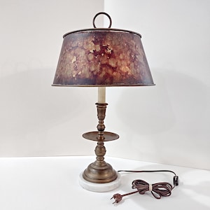 Vintage Brass Candlestick Table Desk Lamp with White Marble Base and Brown Mottled Shade, MCM Two Socket Bulb Lamp