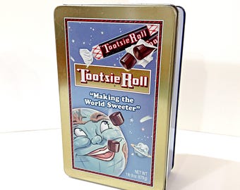 Vintage Tootsie Roll Blue Moonface Making the World Sweeter Tin Box, Retro Rectangular Metal Storage Container