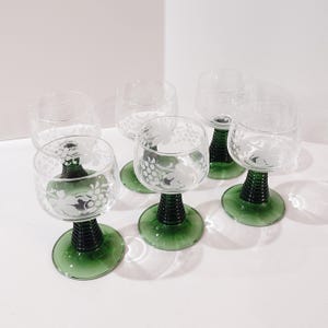 Vintage Green Roemer Wine Glasses with Etched Grapevine Design, Set of 6,  Beehive German Roemer Coupe Wine Glass