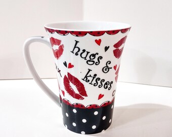 Hugs and Kisses Coffee Tea Ceramic Mug, Valentines Day Gift, Anniversary Gift, Love Mug