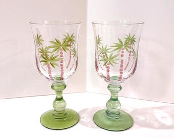 Vintage Hand Painted Palm Tree Cocktail Glasses, Set of Two, Tropical Beach Themed Barware, 12 Ounce Water Goblets