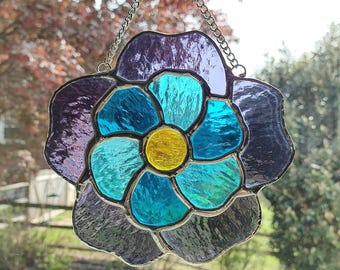 Stained Glass Blue and Purple Flower Suncatcher, Sparkly Spring Decor