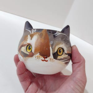May include: Hand-painted ceramic cat-shaped planter. The planter features a detailed face with yellow eyes, a brown nose, and a white chin. The cat's fur is painted in shades of brown, gray, and white. The planter is held in a hand.