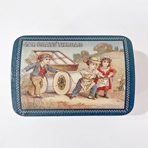 Vintage J & P Coats Thread Hinged Lid Tin Box, Decorative Metal Storage Container