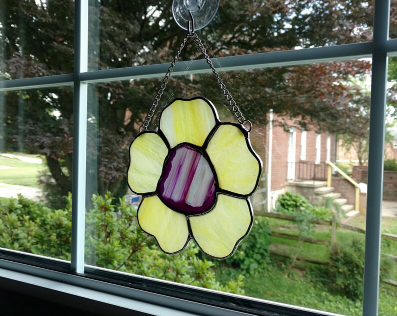 Pansy Stained Glass Flower Suncatcher Summer Decor Yellow and Purple Agate Geode Flower Gardener Gift Garden Decor Violet