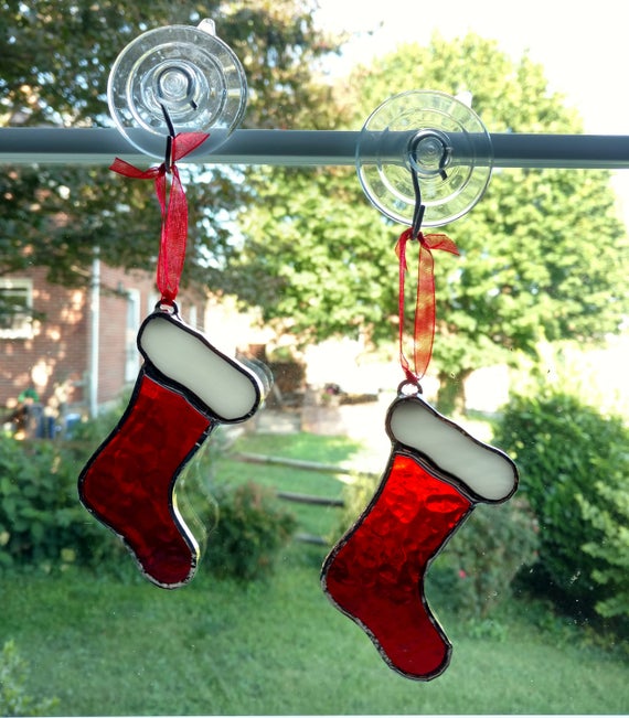 Stained Glass Christmas Stocking Ornaments, Set of Two, Christmas Suncatcher, Christmas Tree Ornament, Holiday Decoration, Christmas Gift