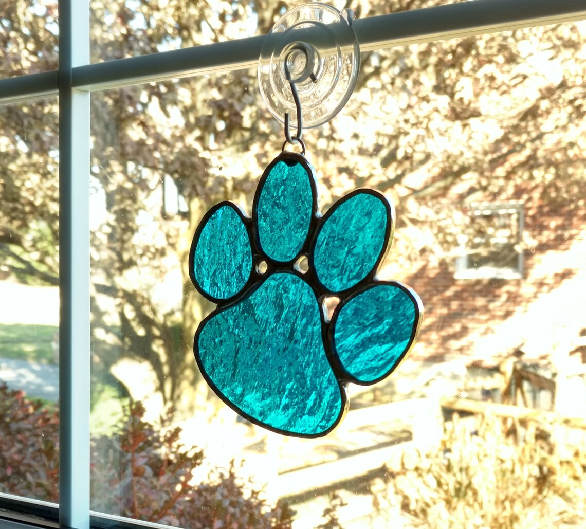 Stained Glass Paw Print Suncatcher, Blue Cathedral Art Glass , Pet Loss ...