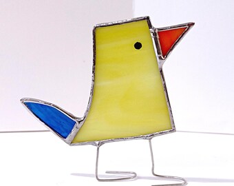 Stained Glass Standing Bird, Funky Yellow and Blue Glass Bird Suncatcher, Bird Lover Gift, Windowsill Sitter