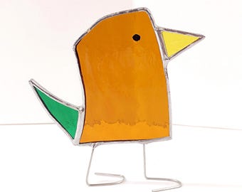 Stained Glass Standing Bird, Funky Amber Orange and Green Glass Bird Suncatcher, Bird Lover Gift, Windowsill Sitter