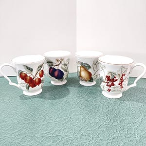 May include: A set of four white ceramic mugs, each featuring a distinct botanical illustration of fruit. The designs include red apples, dark purple plums, a golden pear, and clusters of red berries, all rendered with green leaves and stems.
