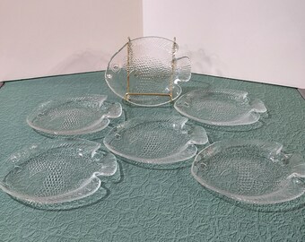 Vintage Arcoroc Poisson Clear Fish Shaped Bread and Butter Plates, Appetizer Plates, Set of 6