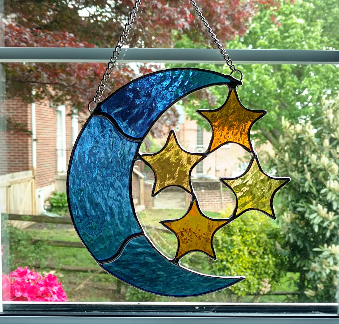 Moon and Stars Stained Glass Suncatcher Celestial Decor Etsy