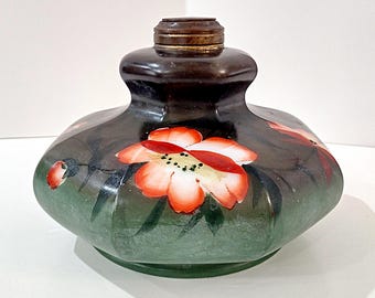 Vintage Green and Pink Floral Hand Painted Milk Glass Oil Lamp Base