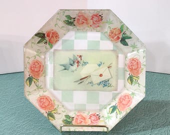 Vintage Roses, Birds, and Letters Decoupage Octagonal Glass Plate, Victorian Style Decorative Plate