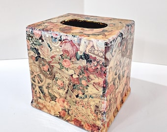 Vintage Square Tissue Box Cover Holder with Victorian Angels, Cherubs, Roses and Lace Design