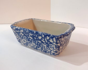 Vintage Blue Spongeware Mini Loaf Ceramic Pan, Workshops of Gerald E Henn Pottery