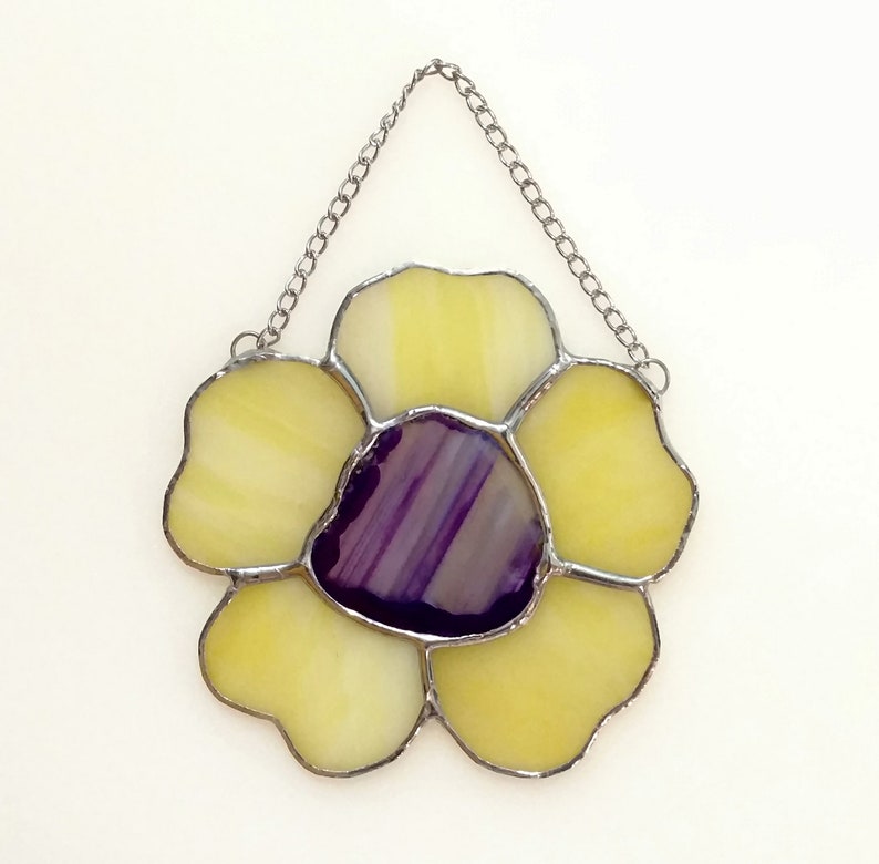 Pansy Stained Glass Flower Suncatcher Summer Decor Yellow and Purple Agate Geode Flower Gardener Gift Garden Decor Violet