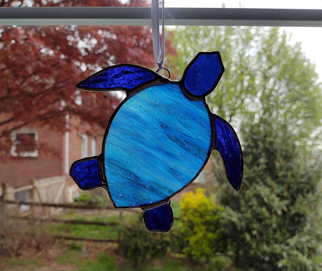 Stained Glass Turtle Suncatcher Sea Turtle Ornament Blue Etsy