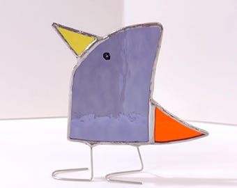 Stained Glass Standing Bird, Funky Purple and Orange Glass Bird Suncatcher, Bird Lover Gift, Windowsill Sitter