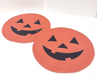 Vintage Round Fabric Jack O Lantern Pumpkin Halloween Placemats, Set of 2
