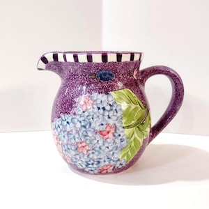 Vintage Laurie Gates Hydrangea Ceramic Purple Spongeware Pitcher, Floral Gates Ware Pottery