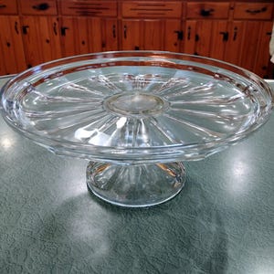Vintage 11 Inch Pressed Glass Pedestal Cake Stand with Lip, Pastry Dessert Display Plate
