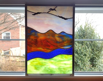 Stained Glass Mountain Landscape Panel, Mountain Sunrise Picture, Stained Glass River Scene