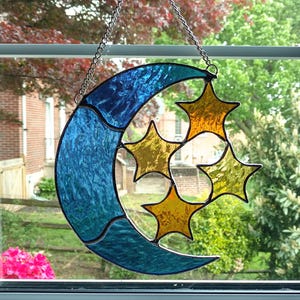 Moon and Stars Stained Glass Suncatcher, Celestial Decor, Stained Glass Moon, Housewarming Gift