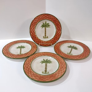 Vintage Nassau Palm Tree Ceramic Salad Appetizer Plates, Set of Four, Hand Painted Tropical Plates