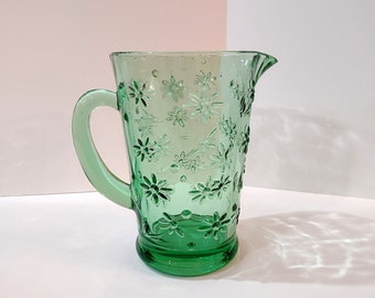 Vintage Green Daisy Pitcher, Green Pressed Glass Pitcher with Raised Floral Design, Mid Century Modern Pitcher