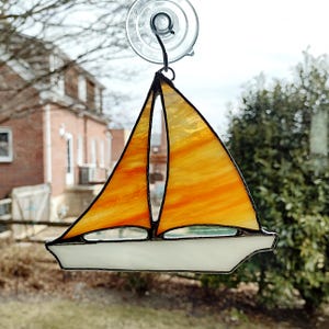 Stained Glass Sailboat, Nautical Decor, Sailboat Suncatcher, Coastal Art, Beach Decor, Orange and White Boat Ornament, Sailor Gift