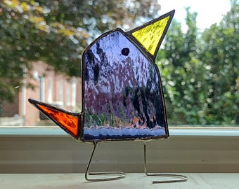 Stained Glass Standing Bird, Funky Purple and Orange Glass Bird Suncatcher, Bird Lover Gift, Windowsill Sitter