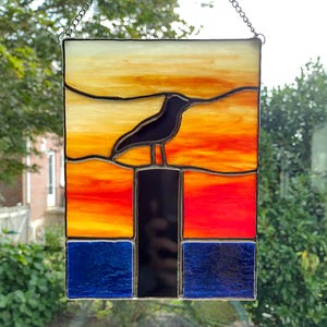 Sunset Sea Gull Stained Glass Suncatcher, Sunset Glass Art, Silhouette Bird on a Piling Picture, Beach Decor