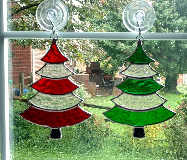 Stained Glass Christmas Tree Suncatcher Red and Green Glass Etsy Canada