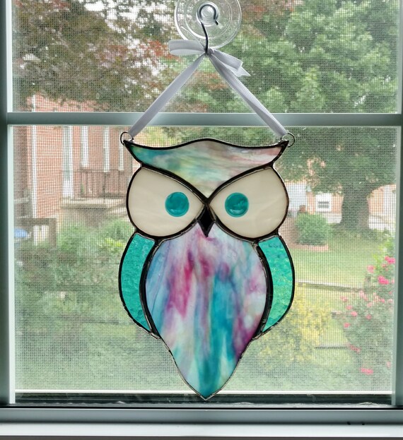 Stained Glass Owl Suncatcher Blue and Pink Swirl Stained Etsy
