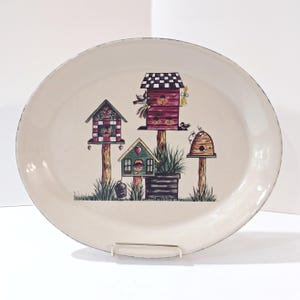 Vintage Home and Garden Party Birdhouse Series Large Oval Ceramic Serving Platter, Bird Lover Servingware