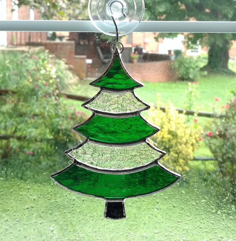 Stained Glass Christmas Tree Suncatcher Red and Green Glass Etsy
