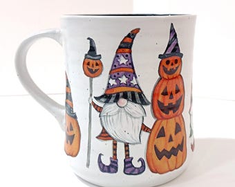 Vintage Halloween Gnome and Pumpkin Ceramic Oversized Coffee Mug, Cobwebs and Cauldrons Halloween Mug