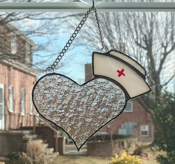I Love Nurses Stained Glass Suncatcher, Heart With Nurse's Cap
