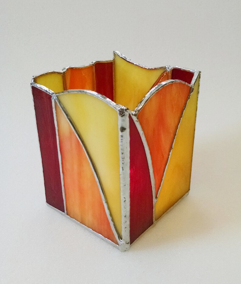 Stained Glass Candle Holder Abstract Geometric Design Red Etsy