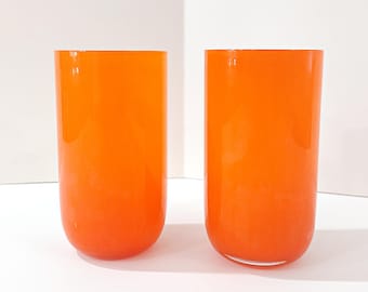 Vintage Orange Hand Blown Cased Glass Tumblers, Set of 2, Orange Highball Cocktail Glasses