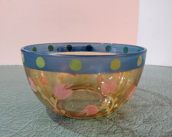 Vintage Hand Painted Floral Glass Bowl by Fiasco of Peru, Glass Serving Bowl with Pink Flowers