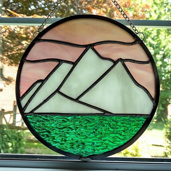 Stained Glass Mountain Landscape Round Window Panel Lake Suncatcher Housewarming Gift Nature Art Scene