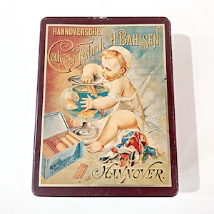 Vintage Hannoversche Cakes-Fabrik Hinged Tin Box, Retro German H. Bahlsen Advertising Metal Tin Container