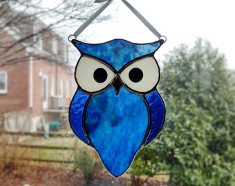 Stained Glass Owl Suncatcher, Blue Horned Owl, Garden Art, Owl Ornament, Nature Decor, Bird Lover Gift