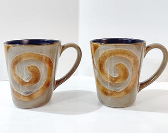Vintage Brown and Tan Swirled Ceramic Coffee Tea Mugs, Set of Two, Oversized Stoneware Mugs