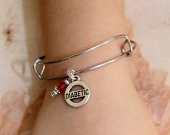 Childs Diabetic Diabetes Medic Alert - Stainless Steel Silver Charm Bangle Bracelet